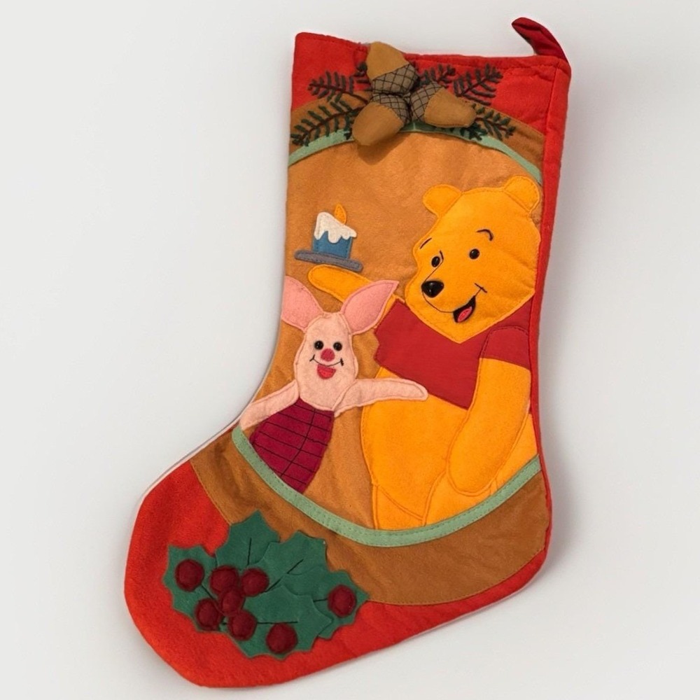 Disney Winnie the Pooh Piglet Christmas Stocking Vtg Red Felt Applique 3D Retro